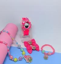 Kit Relógio Infantil Digital Pisca Luz Toca Musica Hello Kitty + Colar Pulseira Pérolas 2 Presilha Cabelo Laço Crianças