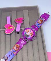 Kit Relógio Infantil Digital Pisca Luz Toca Musica + Presilha de Cabelo Meninas Bico de Pato Hair Clips Princesas Disney