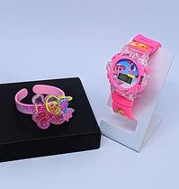 Kit Relógio Infantil Digital Pisca Luz Toca Musica Princesas Disney Minnie Barbie + Pulseira Bracelete 3D Colorida