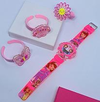 Kit Relógio Infantil Digital Pisca Luz Toca Musica Princesas Disney Minnie Barbie + Pulseira Bracelete 3D Colorida