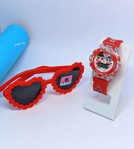 Kit Relógio Infantil Digital Pisca Luz Toca Musica Princesas Frozen + Óculos de Sol Coração Flor Florzinha Margarida