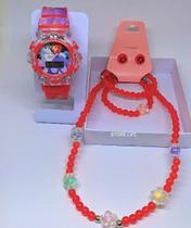 kit Relógio infantil Digital Pisca Toca Musica Meninas + Conjunto Colar e Pulseiras Brincos Miçangas Florzinhas Smile