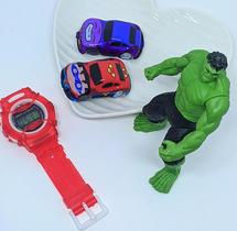Kit Relógio Infantil Digital Sport Silicone Ajustável+ Boneco Personagem Super Heróis Homem Aranha Hulk+ Mini Carrinho - LVO