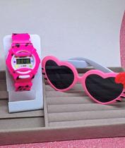 Kit Relógio Infantil Digital Sports Menina Colorido + Óculos de Sol Gatinho Formato Coração com Laço Hello Kitty