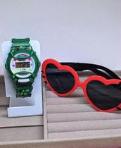 Kit Relógio Infantil Digital Sports Menina Colorido + Óculos de Sol Gatinho Formato Coração com Laço Hello Kitty - LVO