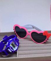 Kit Relógio Infantil Digital Sports Menina Colorido + Óculos de Sol Gatinho Formato Coração com Laço Hello Kitty - LVO