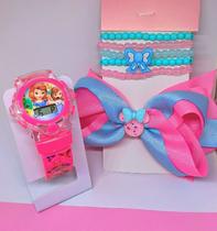 Kit Relógio Infantil Digital Toca Musica Pisca Luz Led Colorido Princesas Disney + 5 Pulseiras Miçangas Laço Meninas