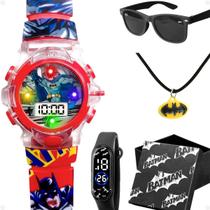 Kit Relógio Infantil Digital Vermelho Tema Herói com Colar Pingente Óculos de Sol UV Bracelete Bônus Caixa Premium