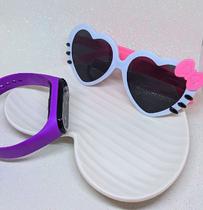 Kit Relógio Infantil Feminino Digital Prova água Bracelete Esportivo + Óculos de Sol Coração com Laço Formato Coração