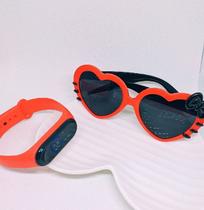 Kit Relógio Infantil Feminino Digital Prova água Bracelete Esportivo + Óculos de Sol Coração com Laço Formato Coração - LVO