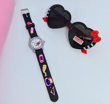 Kit Relógio Infantil Menina Analógico Quartzo Silicone 3D Esporte + Óculos de Sol gatinho Coração Laço Hello kitty Uv400
