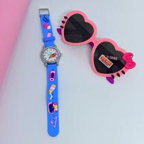 Kit Relógio Infantil Menina Analógico Quartzo Silicone 3D Esporte + Óculos de Sol gatinho Coração Laço Hello kitty Uv400