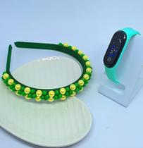 Kit Relógio Infantil Menina Digital Led Bracelete Silicone Prova água + Tiara Arquinho Bordada Pérolas Moda Presente