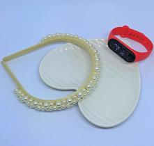 Kit Relógio Infantil Menina Digital Led Bracelete Silicone Prova água + Tiara Arquinho Bordada Pérolas Moda Presente