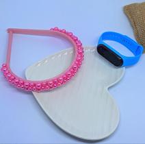 Kit Relógio Infantil Menina Digital Led Bracelete Silicone Prova água + Tiara Arquinho Bordada Pérolas Moda Presente