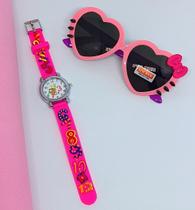 Kit Relógio Infantil Meninas Analógico Quartzo Desenho 3D + Óculos de Sol Hello Kitty Coração Laço Acessórios moda