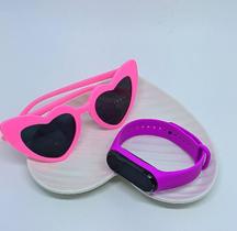 Kit Relógio Infantil Meninas Digital Led Prova água Bracelete Silicone + Óculos de Sol Formato de Coração par Crianças - LVO