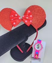Kit Relógio Infantil para Meninas Analógico 3D Silicone Desenho Miney Sports + Arquinho Tiara Orelhas Minnie Mouse