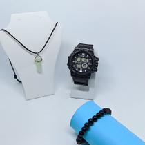 Kit Relógio Infantil tipo Militar Display grande Digital Hora Data Esporte + Colar Pedra cristal Pêndulo + Pulseira Cor: