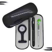 Kit Relógio Lapela Lanterna Clínica Termômetro Digital Estojo Enfermagem Estágio