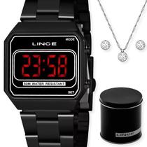 Kit relógio lince feminino digital led preto com colar e brinco mdn4645l pxpx