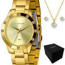 Kit relógio lince feminino dourado analogioco com colar e brinco lrg4735l cxkx