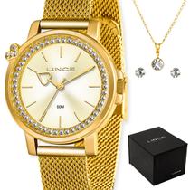 Kit relógio lince feminino dourado com colar e brinco lrg4721l kp21 c1kx