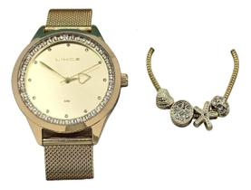 Kit Relógio Lince Feminino Dourado Coração Lrg4666L Ky10