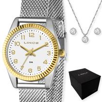 Kit relógio lince feminino dourado e prata com colar e brinco lrt4674l b2sx