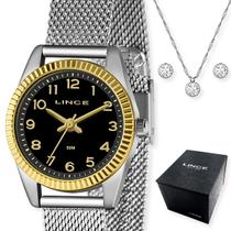 Kit relógio lince feminino dourado e prata com colar e brinco lrt4674l p2sx Kit relógio lince feminino dourado e prata com colar e brinco lrt4674l p2sx
