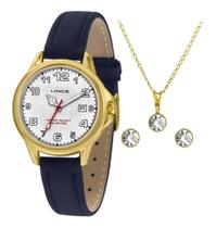 Kit Relógio lince feminino dourado, pulseira couro