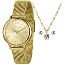 Kit relógio lince feminino dourado pulseira milanesa com calendário á prova d'água lrgh198l36