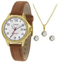 Kit Relógio Lince Feminino Lrch104l Kw55 Dourado Couro Marrom