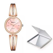 Kit Relógio Luxo Feminino Rose Pulseira Com Pedras + Espelho Kit Relógio Luxo Feminino Rose Pulseira Com Pedras + Espelho