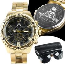 Kit Relógio Masculino aço premium banhado presente luxo
