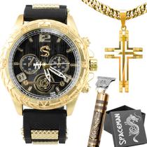 Kit Relogio Masculino analógico personalizado + acessorios Maquina Barbear e corrente
