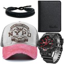Kit relógio masculino + boné + pulseira + carteira luxo - SWG