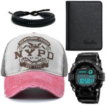 Kit relógio masculino + boné + pulseira + carteira top - SWG