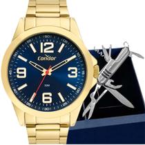 Kit relógio masculino condor com canivete dourado caixa azul