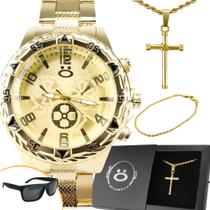 Kit Relógio Masculino Dourado Aço Inox + Corrente Pulseira Banhado Ouro