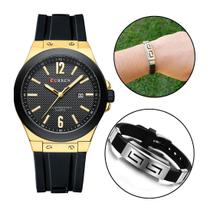 Kit Relógio Masculino Dourado Quartzo Luxo + Bracelete Metal Kit Relógio Masculino Dourado Quartzo Luxo + Bracelete Metal