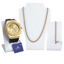 Kit Relógio masculino Orizom dourado + Colar e Pulseira