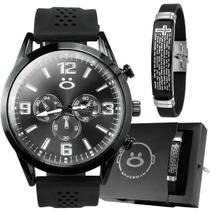 Kit Relógio Masculino Preto Casual Caixa + Pulseira Oração Kit Relógio Masculino Preto Casual Caixa + Pulseira Oração