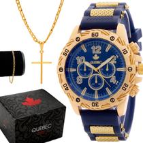 Kit Relógio Masculino QUEBEC Analógico QB004 - Azul e Dourado + Corrente e Pulseira