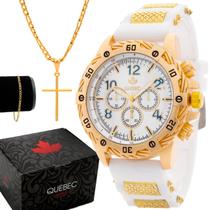Kit Relógio Masculino QUEBEC Analógico QB004 - Dourado e Branco + Corrente e Pulseira