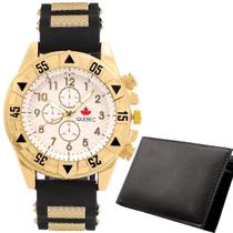 Kit Relógio Masculino QUEBEC Analógico QB004 - Preto, Dourado e Branco + Carteira