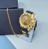Kit Relógio Masculino Visor Grande Quartz Dourado Preto Emburrachado Silicone Ajustável + Pulseira Aço Inox +Caixa