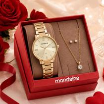 Kit Relógio Mondaine Feminino Analógico Dourado 32600LPMKDE1K1 + Semi Joias