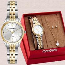 Kit Relógio Mondaine Feminino com Colar e Brincos Semijoias Elegância Bicolor 5ATM Estilo Clássico 32720LPMKBE3K1