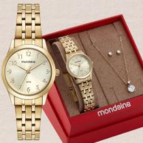 Kit Relógio Mondaine Feminino com Colar e Brincos Semijoias Elegância Dourado 5ATM Estilo Clássico 32608LPMKDE1K1